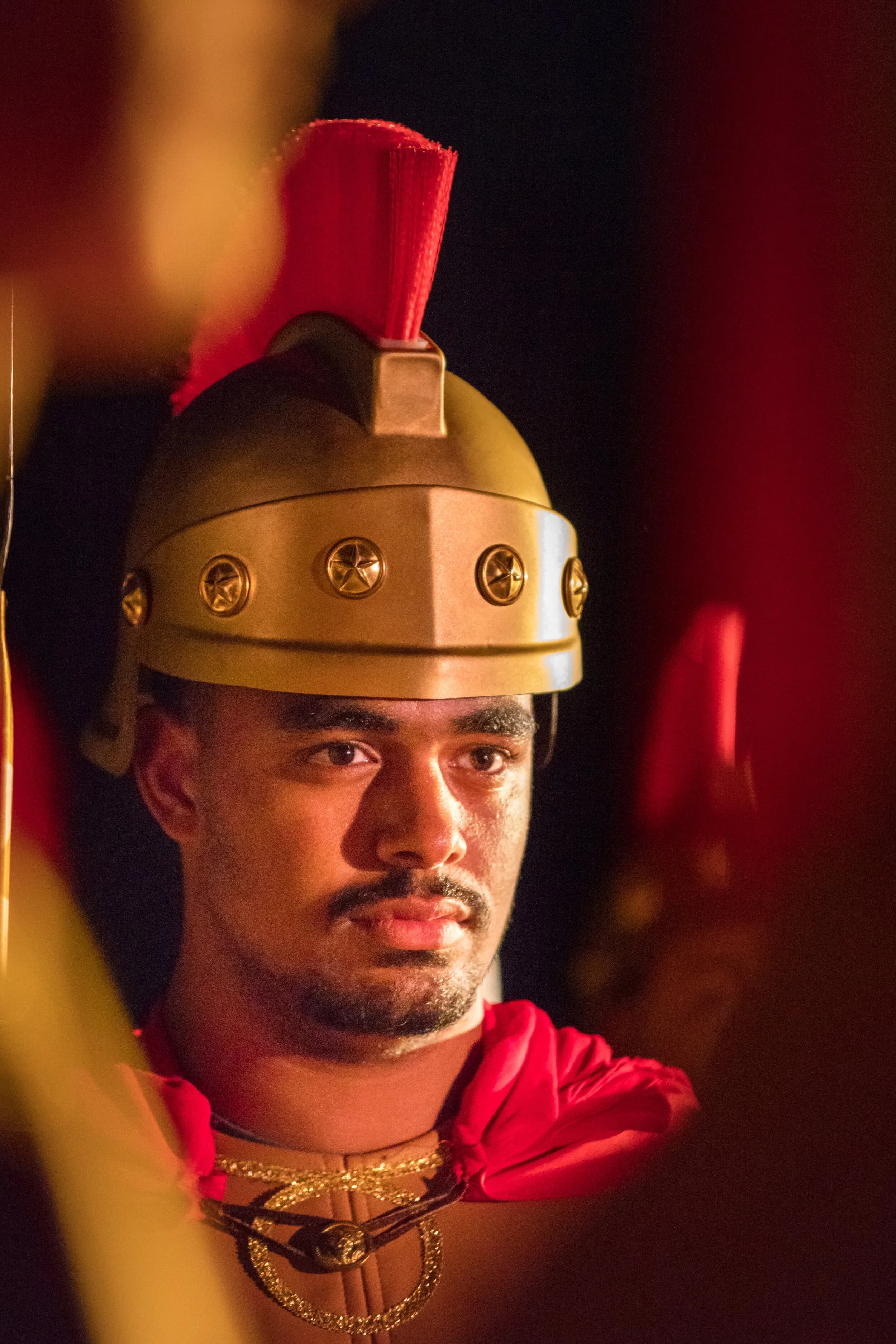 A soldier wearing a bronze crested helmet with a red plume gazes forward, gold jewelry visible at his collar.