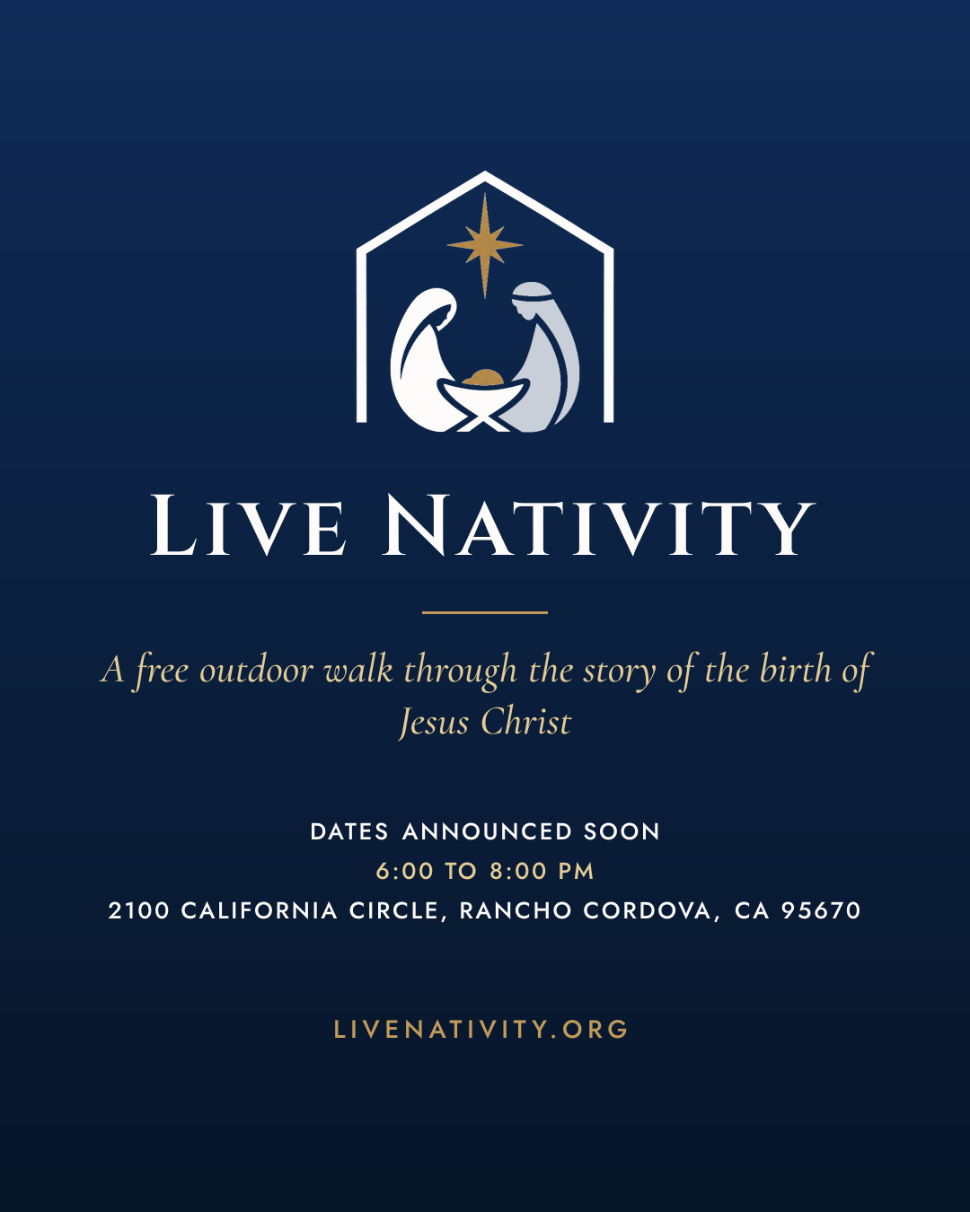 Live Nativity invitation card with the logo, location, and dates.